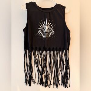 Girls Black Fringe Crop Tank Top with Eyecatcher Graphic